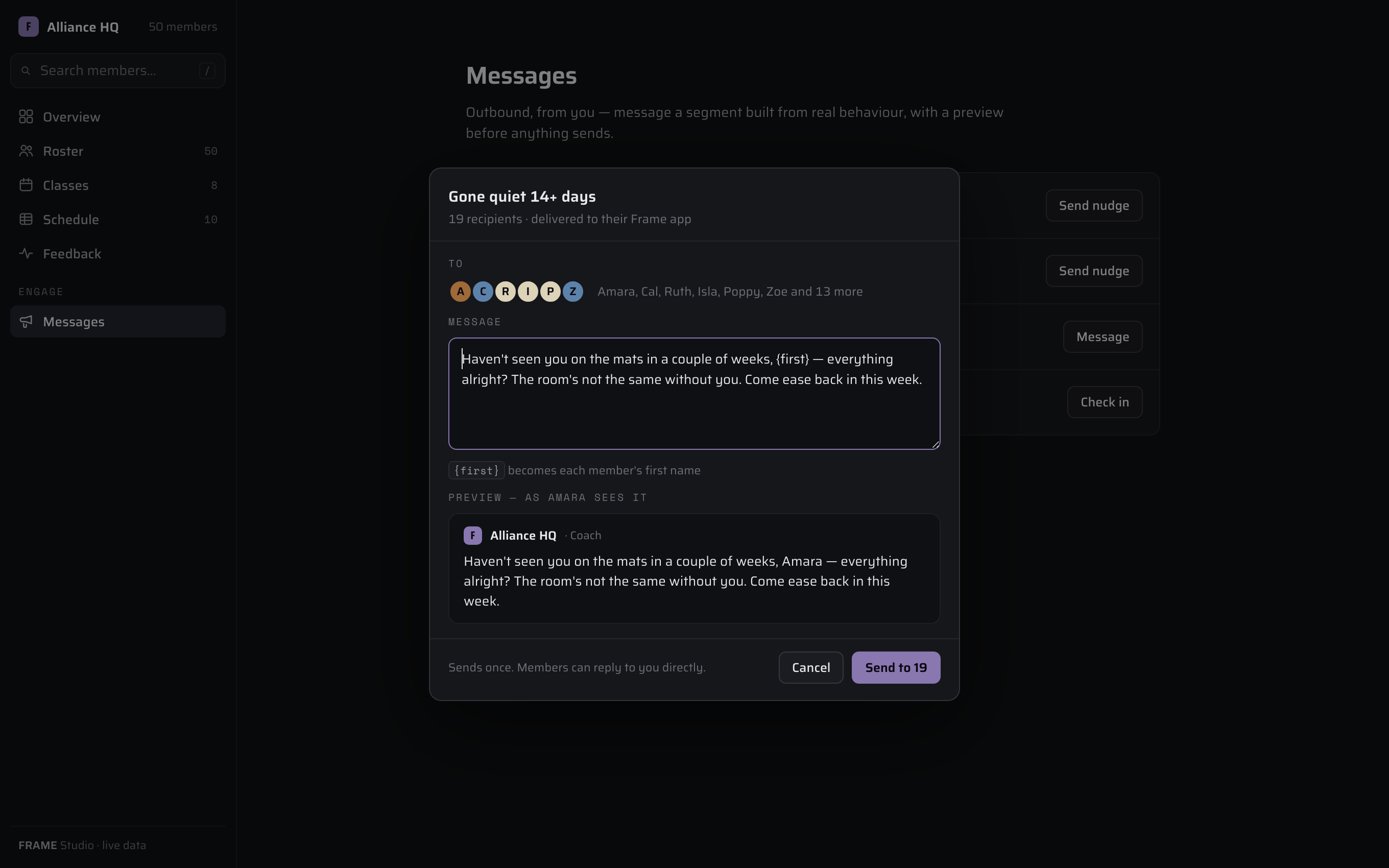 Messages: composing a nudge to the gone-quiet segment, with a preview exactly as the member sees it.