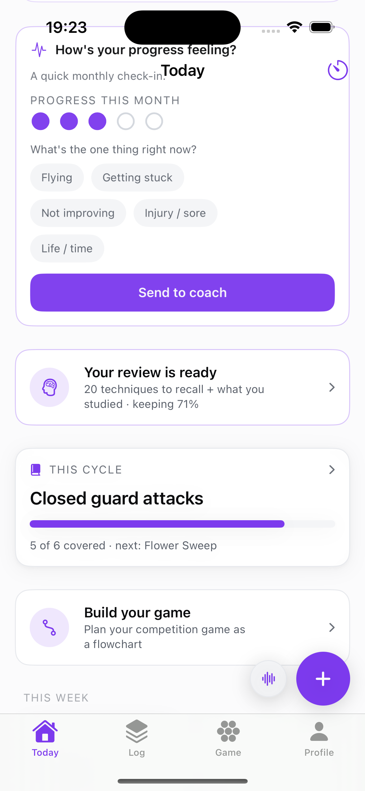 The monthly check-in in the student's app: how's your progress feeling, one tap and send to coach.